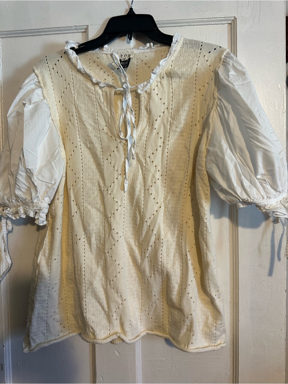POL Cream Eyelet Peasant Top with White Puff Sleeves